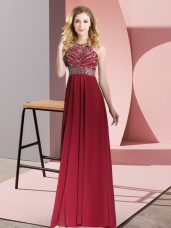 Decent Burgundy Sleeveless Floor Length Beading Backless Prom Dress