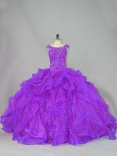 Purple Scoop Lace Up Beading and Ruffles Quinceanera Gowns Brush Train Sleeveless