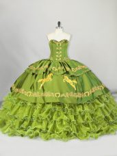 Sleeveless Embroidery and Ruffled Layers Lace Up 15 Quinceanera Dress with Olive Green Brush Train