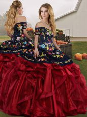 Charming Embroidery and Ruffles Sweet 16 Dress Red And Black Lace Up Sleeveless Floor Length