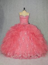 Delicate Watermelon Red Lace Up Sweetheart Beading and Ruffles Quinceanera Dress Organza Sleeveless