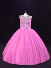 Floor Length Pink Sweet 16 Quinceanera Dress Tulle Sleeveless Beading