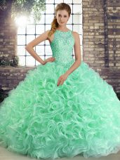 Apple Green Ball Gowns Fabric With Rolling Flowers Scoop Sleeveless Beading Floor Length Lace Up 15th Birthday Dress