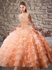 Lace Up Quinceanera Dresses Orange for Sweet 16 and Quinceanera with Beading and Ruffled Layers Court Train