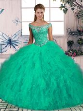 Sleeveless Beading and Ruffles Lace Up Sweet 16 Dress with Turquoise Brush Train