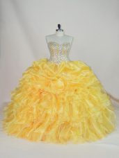 Gold Organza Lace Up Sweetheart Sleeveless Floor Length Sweet 16 Quinceanera Dress Beading and Ruffles