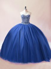 Graceful Sleeveless Floor Length Beading Lace Up Quinceanera Gowns with Blue