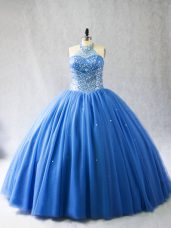 New Style Sleeveless Tulle Brush Train Lace Up Quinceanera Dress in Blue with Beading