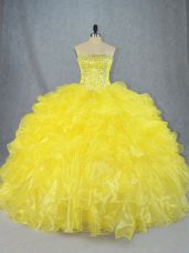Yellow Strapless Neckline Beading and Ruffles Quinceanera Dresses Sleeveless Lace Up