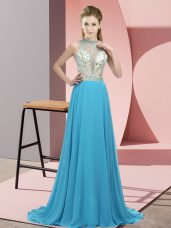 Flare Aqua Blue Custom Made Pageant Dress Chiffon Brush Train Sleeveless Beading
