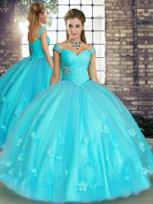 Aqua Blue Off The Shoulder Neckline Beading and Appliques Vestidos de Quinceanera Sleeveless Lace Up