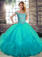 Aqua Blue Sweet 16 Dresses Military Ball and Sweet 16 and Quinceanera with Beading and Ruffles Off The Shoulder Sleeveless Lace Up