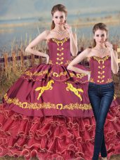 Burgundy Two Pieces Sweetheart Sleeveless Satin and Organza Brush Train Lace Up Embroidery and Ruffles Sweet 16 Dress
