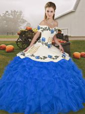 Royal Blue Vestidos de Quinceanera Military Ball and Sweet 16 and Quinceanera with Embroidery and Ruffles Off The Shoulder Sleeveless Lace Up