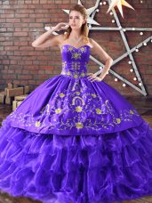 Purple Satin and Organza Lace Up Sweetheart Sleeveless Floor Length Quinceanera Gowns Embroidery and Ruffled Layers