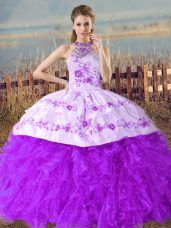 Cute Sleeveless Floor Length Embroidery and Ruffles Lace Up Quinceanera Dresses with Purple Court Train