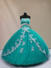 Custom Designed Turquoise Ball Gowns Appliques Sweet 16 Quinceanera Dress Lace Up Tulle Sleeveless Floor Length