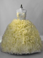 Great Yellow Ball Gowns Beading 15 Quinceanera Dress Lace Up Fabric With Rolling Flowers Sleeveless