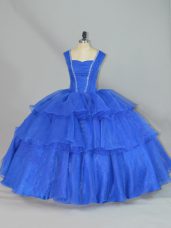 Charming Floor Length Lace Up Ball Gown Prom Dress Blue for Sweet 16 and Quinceanera with Beading and Ruffled Layers