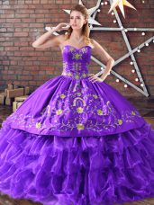 Purple Satin and Organza Lace Up Sweet 16 Dresses Sleeveless Floor Length Embroidery