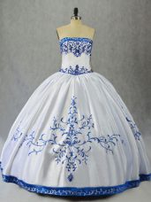 Edgy Blue And White Ball Gowns Satin Strapless Sleeveless Embroidery Floor Length Lace Up Ball Gown Prom Dress