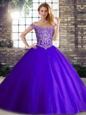 Fancy Off The Shoulder Sleeveless Tulle Quinceanera Dresses Beading Brush Train Lace Up