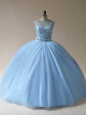 Ball Gowns Quinceanera Gown Light Blue Scoop Tulle Sleeveless Floor Length Lace Up