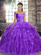 Deluxe Lavender Ball Gowns Organza Off The Shoulder Sleeveless Beading and Ruffles Lace Up Sweet 16 Dress Brush Train