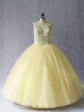 Light Yellow Tulle Lace Up Sweet 16 Dress Sleeveless Floor Length Beading
