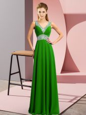 Luxury Green Chiffon Lace Up V-neck Sleeveless Floor Length Homecoming Dress Beading