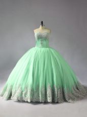 Eye-catching Apple Green Tulle Lace Up Sweetheart Sleeveless Sweet 16 Dress Court Train Appliques