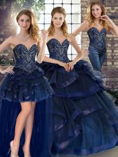 Nice Navy Blue Tulle Lace Up Vestidos de Quinceanera Sleeveless Floor Length Beading and Ruffles