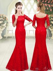 Floor Length Red Homecoming Dress Lace 3 4 Length Sleeve Beading
