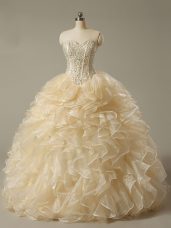 Sleeveless Beading and Ruffles Lace Up Quince Ball Gowns