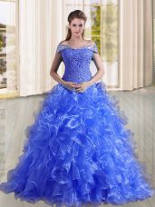 Custom Made Organza Off The Shoulder Sleeveless Sweep Train Lace Up Beading and Lace and Ruffles Vestidos de Quinceanera in Blue