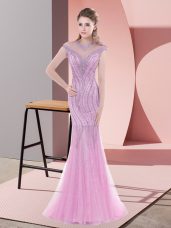 Tulle Cap Sleeves Dress for Prom Sweep Train and Beading
