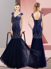 Super Sleeveless Chiffon Floor Length Lace Up Dress for Prom in Navy Blue with Beading