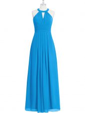 Blue Zipper Prom Dress Ruching Sleeveless Floor Length