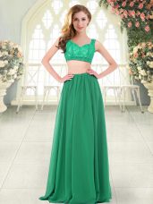 Green Two Pieces Beading and Lace Evening Dress Zipper Chiffon Sleeveless Floor Length
