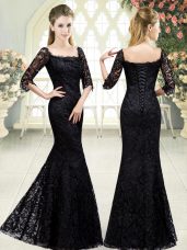 Black Lace Up Prom Gown Beading and Lace Half Sleeves Sweep Train