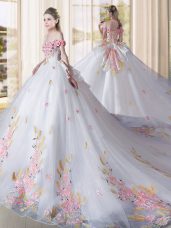 Cathedral Train Ball Gowns Vestidos de Quinceanera White Off The Shoulder Tulle Sleeveless Lace Up