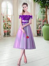 Tea Length Lilac Dress for Prom Off The Shoulder Sleeveless Lace Up