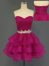 Mini Length Lace Up Prom Dress Fuchsia for Prom and Party with Beading and Ruffled Layers and Ruching