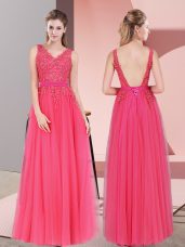 Custom Design Tulle V-neck Sleeveless Backless Lace Dress for Prom in Hot Pink,Silhouette: EmpireNeckline: v-neckSleeve Length: sleevelessHemline/Train: floor lengthBack Detail: backlessEmbellishment: laceFabric: tulleShown Color: hot pink(Color & Style representation may vary by monitor.)Occasion: prom,party,military ballSeason: spring,summer,fall,winterFully Lined: YesBuilt-In Bra: Yes