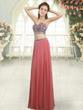 Superior Sweetheart Sleeveless Prom Dresses Floor Length Beading Watermelon Red Chiffon