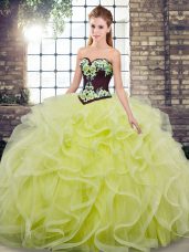 Embroidery and Ruffles Sweet 16 Dress Yellow Green Lace Up Sleeveless Sweep Train