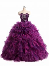 Floor Length Lace Up Quinceanera Dress Purple for Military Ball and Sweet 16 and Quinceanera with Beading and Ruffles