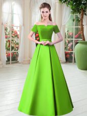 Admirable A-line Belt Prom Dresses Lace Up Satin Short Sleeves Floor Length