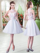 Colorful White A-line High-neck Sleeveless Tulle Knee Length Zipper Appliques Dress for Prom