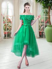 Short Sleeves High Low Appliques Lace Up Prom Party Dress with Green